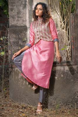 pink faux georgette art silk stitched kurti 1