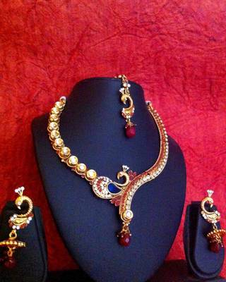 Red stones peacock on a branch kundan pearl Indian ethnic necklace set v331 1