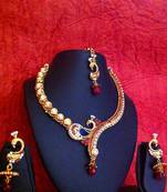 Red stones peacock on a branch kundan pearl Indian ethnic necklace set v331