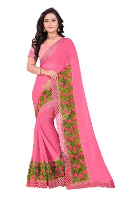Pink Woven Chiffon Saree With Blouse 1