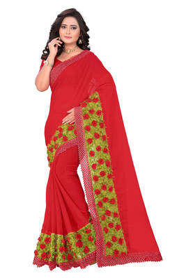 Red Woven Chiffon Saree With Blouse 1