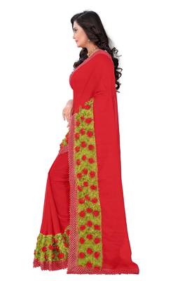 Red Woven Chiffon Saree With Blouse 2