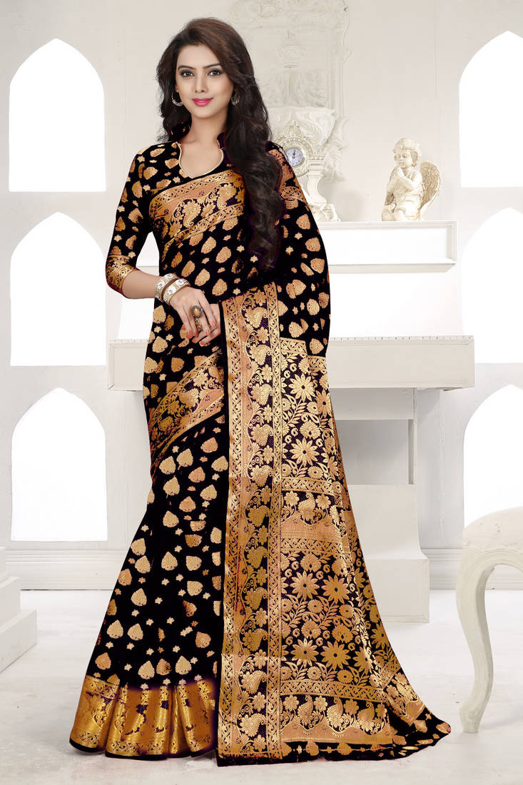 Black plain banarasi silk saree with blouse