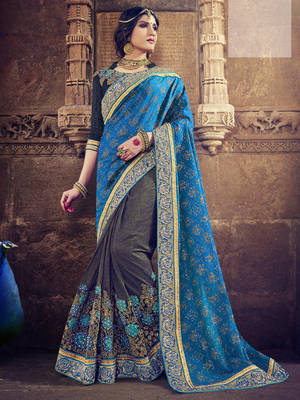 blue and gray embroidered jacquard and lycra saree with blouse 1