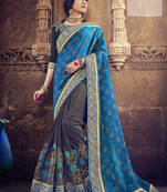 blue and gray embroidered jacquard and lycra saree with blouse