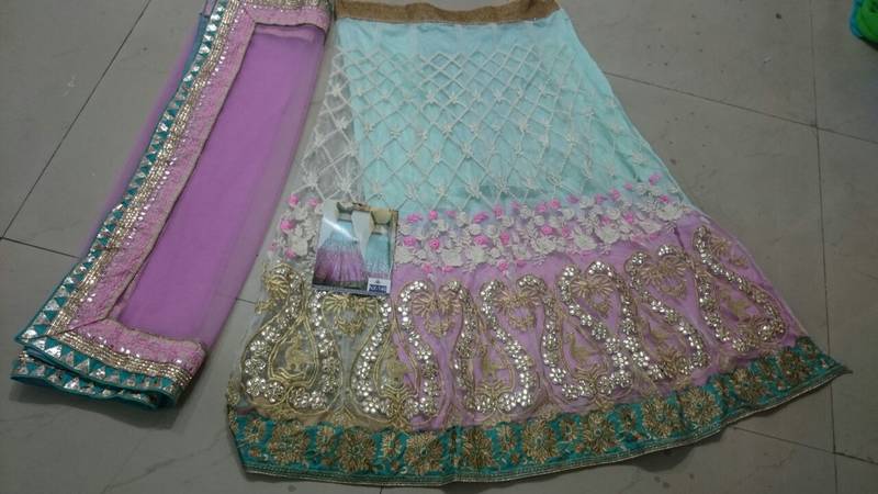 Blue Embroidered Net Crop Top Lehenga main image 0