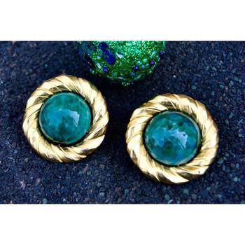 Gold Rimmed Green Flake Stud Earrings 1