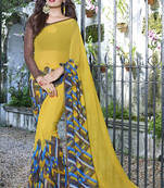 yellow printed georgette saree with blouse