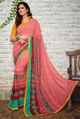 peach printed georgette saree with blouse 1