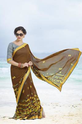 brown printed georgette saree with blouse 1