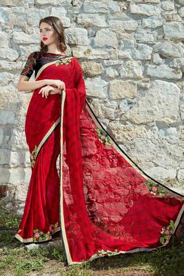 red embroidered georgette saree with blouse 1
