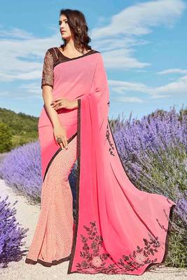 peach embroidered georgette saree with blouse 1