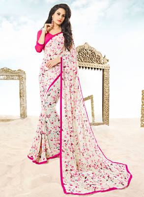 white printed georgette saree with blouse 1