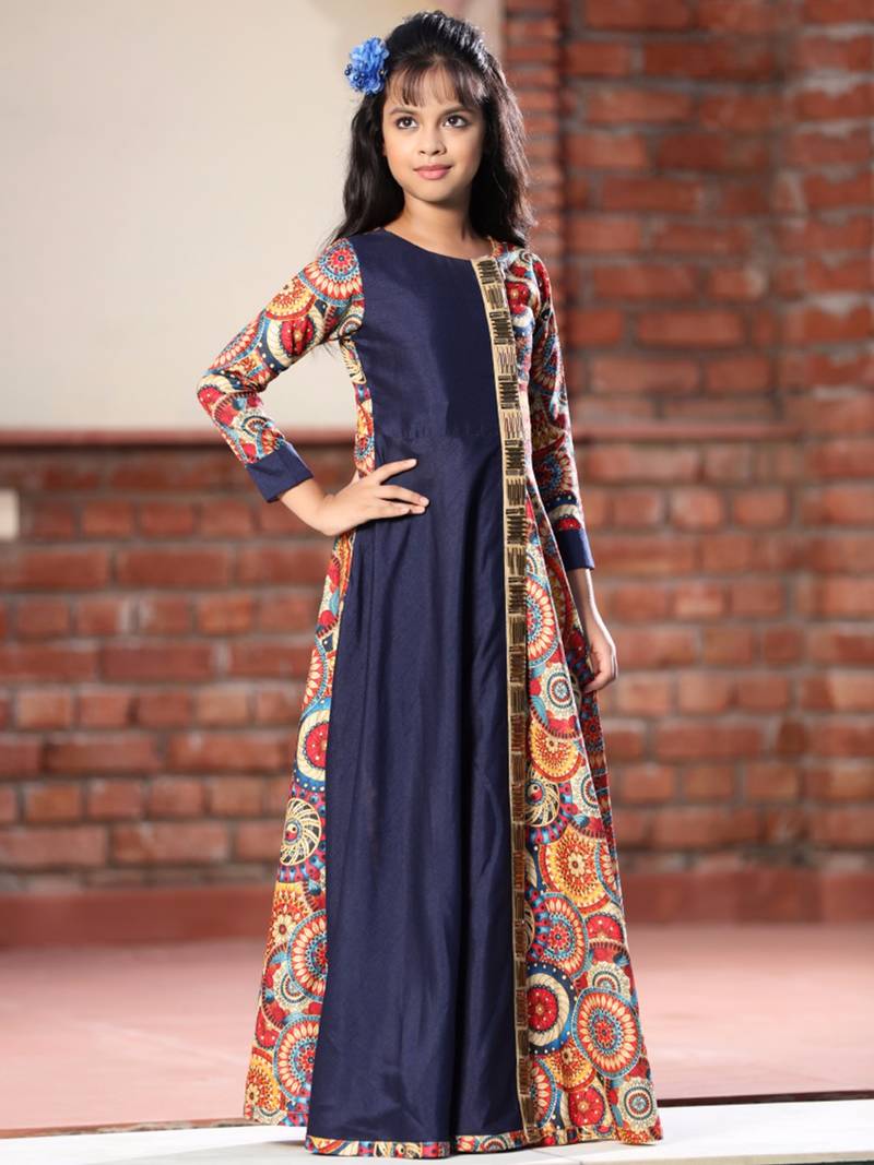 Multicolor SIlk Fabric Chinese Lace work Designer Gown For Girls