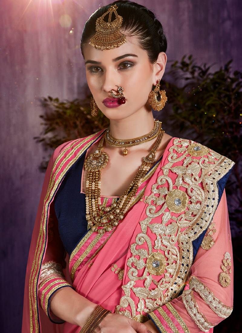 Pink embroidered art silk saree with blouse