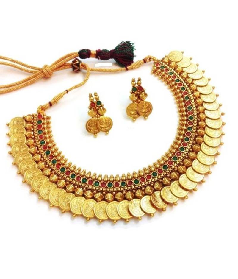 Buy Traditional Laxmi Ji Coin Necklace Gold Plated Red Green Stone . Online