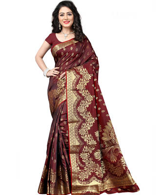 Brown hand woven art silk saree with blouse 1