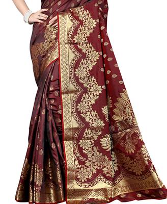 Brown hand woven art silk saree with blouse 3