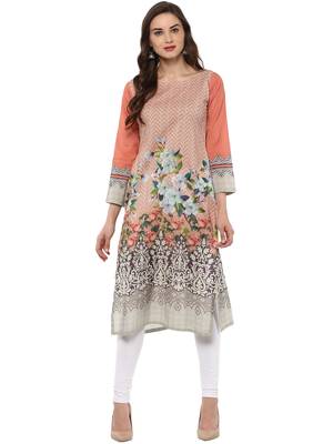 Peach printed Cotton stitched kurti 1