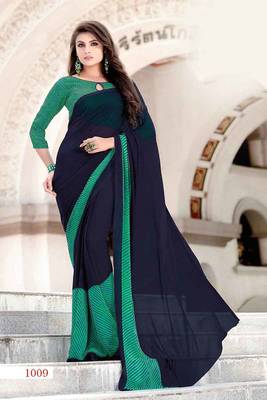 blue printed georgette saree with blouse 1
