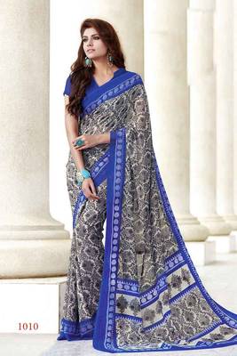 blue printed georgette saree with blouse 1