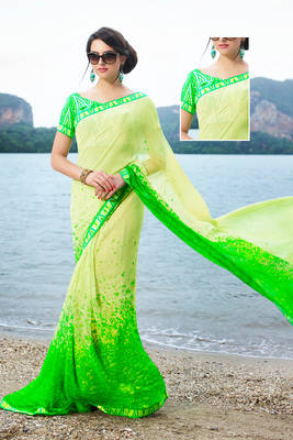 green printed georgette saree with blouse 1