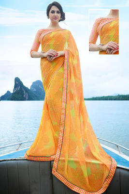 yellow printed georgette saree with blouse 1