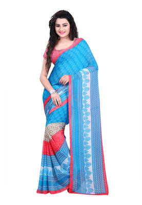 sky_blue printed georgette saree with blouse 1
