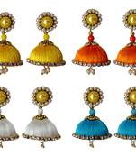 Handmae Silk Thread Leamon Yellow Orange Dark Sky Blue and White Dangler Jhumka Earrings combo Set