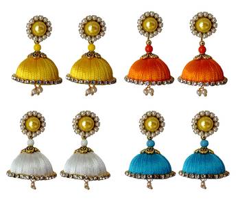 Handmae Silk Thread Leamon Yellow Orange Dark Sky Blue and White Dangler Jhumka Earrings combo Set 2