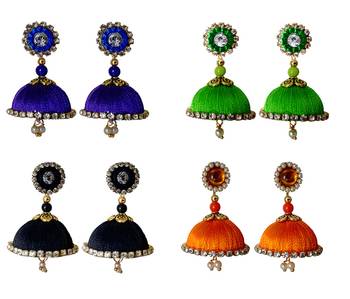 Handmae Silk Thread Navy Blue Black Lawn Green and Orange Dangler Jhumka Earrings combo Set 1