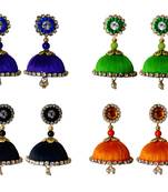 Handmae Silk Thread Navy Blue Black Lawn Green and Orange Dangler Jhumka Earrings combo Set