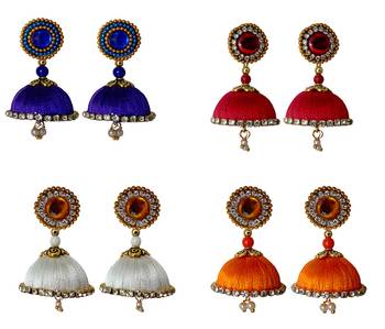 Handmae Silk Thread Navy Blue Orange Red and White Dangler Jhumka Earrings combo Set 1