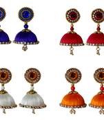 Handmae Silk Thread Navy Blue Orange Red and White Dangler Jhumka Earrings combo Set