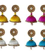 Handmae Silk Thread White Red Magenta and Dark Sky Blue Dangler Jhumka Earrings combo Set