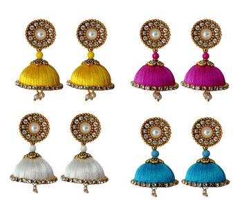 Handmae Silk Thread White Red Magenta and Dark Sky Blue Dangler Jhumka Earrings combo Set 2