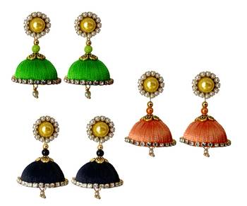 Handmae Silk Thread Lawn Green Black and Peach Dangler Jhumka Earrings combo Set 1