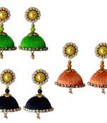 Handmae Silk Thread Lawn Green Black and Peach Dangler Jhumka Earrings combo Set