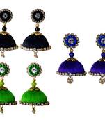 Handmae Silk Thread Lawn Green Black and Navy Blue Dangler Jhumka Earrings combo Set