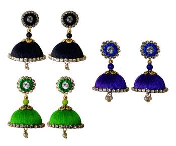 Handmae Silk Thread Lawn Green Black and Navy Blue Dangler Jhumka Earrings combo Set 2