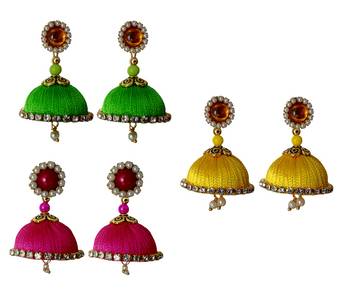 Handmae Silk Thread Lawn Green Leamon Yellow and Pink Dangler Jhumka Earrings combo Set 1