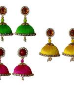 Handmae Silk Thread Lawn Green Leamon Yellow and Pink Dangler Jhumka Earrings combo Set