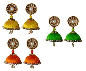 Handmae Silk Thread Lawn Green Leamon Yellow and Orange Dangler Jhumka Earrings combo Set 1