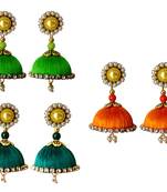 Handmae Silk Thread Lawn Green Orange and Peacock Green Dangler Jhumka Earrings combo Set