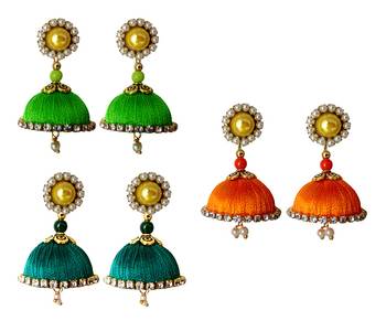 Handmae Silk Thread Lawn Green Orange and Peacock Green Dangler Jhumka Earrings combo Set 2