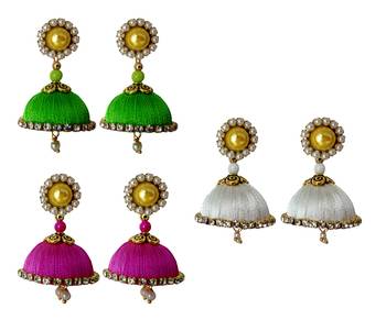 Handmae Silk Thread Lawn Green White and Magenta Dangler Jhumka Earrings combo Set 1