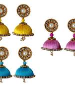 Handmae Silk Thread Leamon Yellow Dark Sky Blue and Baby Pink Dangler Jhumka Earrings combo Set
