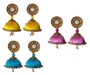 Handmae Silk Thread Leamon Yellow Dark Sky Blue and Baby Pink Dangler Jhumka Earrings combo Set 2