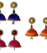 Handmae Silk Thread Navy Blue Orange and Pink Dangler Jhumka Earrings combo Set