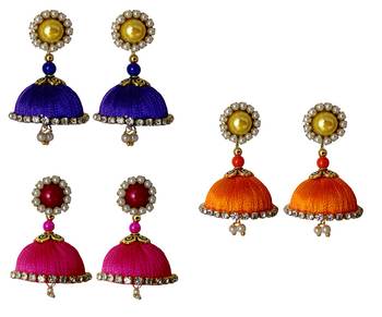 Handmae Silk Thread Navy Blue Orange and Pink Dangler Jhumka Earrings combo Set 2